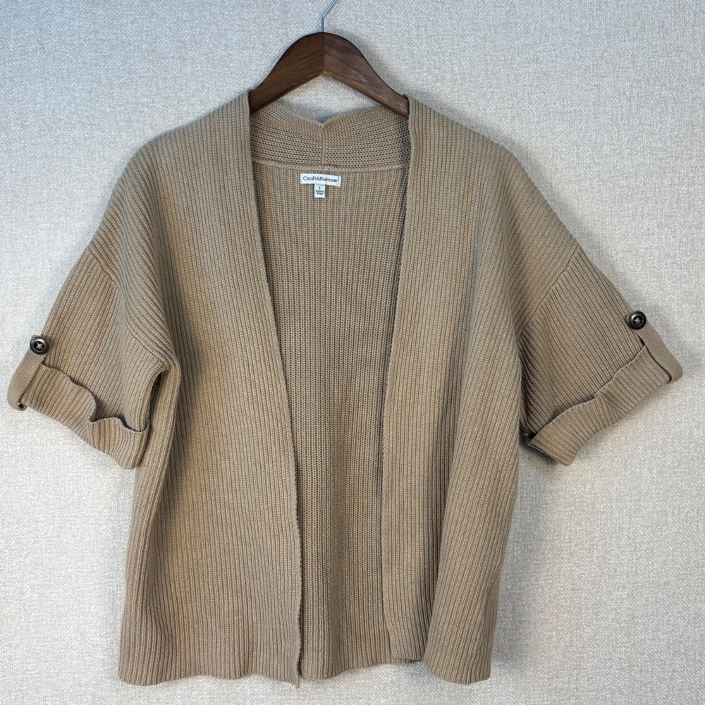 Croft & Barrow Womens Large Tan Ribbed Open Front Cardigan Sweater  Short Sleeve